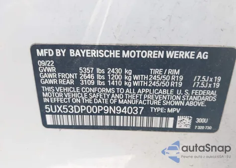 2023 BMW X3 xDrive30I z USA, uszkodzony, nr VIN 5UX53DP00P9N94037